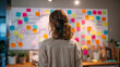 © Mikhail Vorobev - Woman in striped shirt analyzing colorful sticky notes on a whiteboard during a creative brainstorming session in a modern office environment