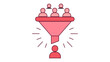 © Md Reza Uzzaman - Marketing strategy vector illustration featuring a pink sales funnel icon for lead generation, market research, and customer segmentation. Multiple people icons entering to find a target.
