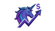 © Abu Md Nayeem Khan - Unicorn startup business vector icon illustration featuring a mythical creature head with a rising financial growth arrow and dollar sign symbol, representing high valuation and market success.