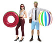 © New Africa - Office workers dreaming about vacation. Man and woman with swim ring, beach ball and diving mask on white background