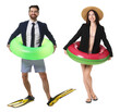 © New Africa - Office workers dreaming about vacation. Man and woman with swim flippers and inflatable rings on white background