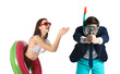 © New Africa - Office workers dreaming about vacation. Man and woman with snorkeling mask and swim ring on white background