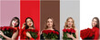 © New Africa - Beautiful women with bouquets of red roses on colorful backgrounds. Collection of portraits