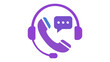 © MdRana - Professional customer service support vector icon illustration featuring a headset, telephone handset, and chat bubble in a vibrant blue and purple gradient for help desk and call center themes.