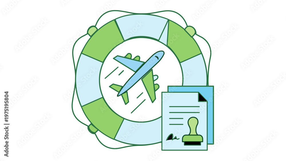 Insurance Icons Flying Travel insurance vector icon illustration featuring a lifebuoy ...