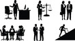 © MstLata - Professional business silhouettes collection featuring corporate lawyer figures office meeting scenes justice scale icon and career growth concepts for legal and financial industry presentations.