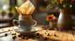 © Nurbaity - Hand drip coffee being prepared in a white ceramic cup with a paper filter on a rustic wooden table in soft sunlight