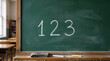 © CreativeLens - A close-up view of the numbers 1 2 3 chalk written on a green classroom chalkboard representing elementary education, counting practice, and early learning.