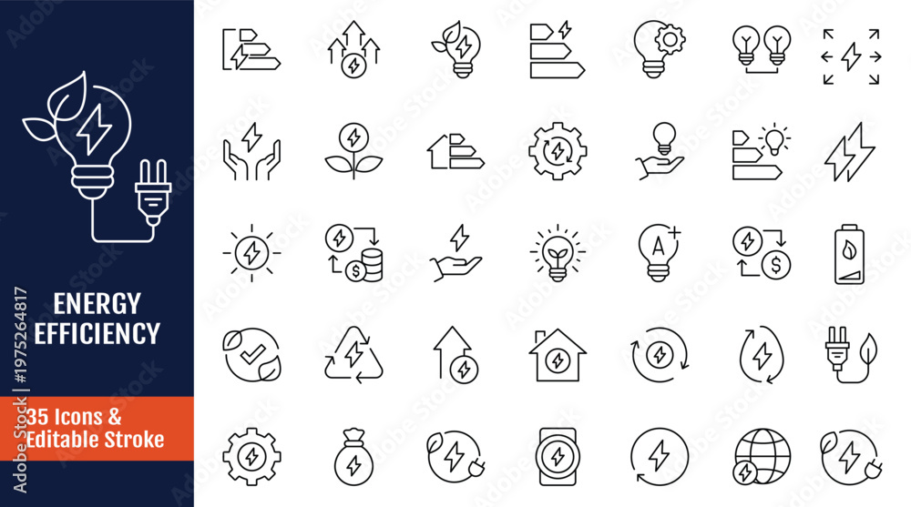Energy efficiency icon set. Includes energy saving, sustainability ...
