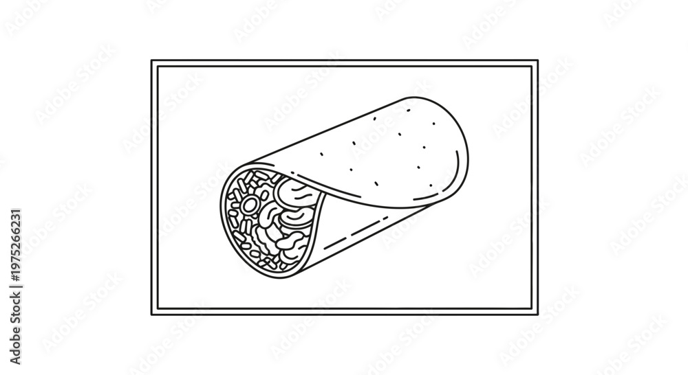 Hand-drawn illustration of a burrito with beans and rice, black and ...