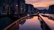 © PBMasterDesign - Gondola gliding through calm waters by architecture concept. Beautiful sunset over Venice canals with gondolas and reflections.