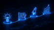 © aiblaster - Blue neon glowing line showing the sequence of starting a new business from initial idea to planning launching a rocket and reaching high financial growth