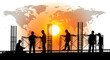 © MdMosarofHossain - Silhouettes of business team collaborating at sunrise with global network overlay