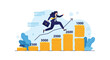 © Gias - Determined businesswoman jumps over several stacks of gold coins that increase in value to achieve her financial growth goals.