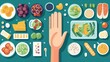 © Chaikit - Visual guide for portion control with human hand as reference beside different food items, clean vector layout and health markers