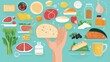 © Chaikit - Visual guide for portion control with human hand as reference beside different food items, clean vector layout and health markers
