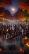 © Yatem - A mystical Halloween festival scene under a full moon with people in costumes.