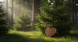 © Zeeshan - A wooden heart sits in a serene forest clearing surrounded by lush greenery and sunlight.