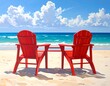 © Ami - Two red beach chairs on a sandy shore facing the ocean