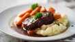 © decorator - Hearty beef steak dinner with creamy mashed potatoes and vibrant carrots bathed in warm light