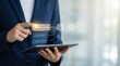 © Giggles - Business professional approving digital workflow on tablet with review and verified stages for corporate compliance governance and business process approval
