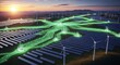 © Vectoryze - Smart energy grid connecting solar panels and wind turbines with glowing green digital data lines.