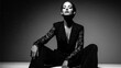 © Fiverr/fazilazia703 - Dramatic black and white studio portrait of a confident and elegant woman in a stylish lace-sleeved pantsuit, exuding power and sophistication.