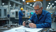 © miss irine - Senior engineer examines metal bearing part on blueprint paper. Worker in blue uniform checks component precision in modern factory workshop. Another man works in background.