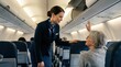 © Fiverr/fazilazia703 - Friendly flight attendant assists a smiling senior female passenger with her luggage in an airplane cabin, demonstrating excellent customer service and care during air travel.