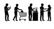 © Zubaraj - Shopping silhouette icons set, retail customer journey vector elements, people buying products and receiving delivery, black and white commercial graphics