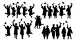 © Zubaraj - Graduation silhouette collection of jumping students, university graduates celebrating in caps and gowns, academic ceremony vector set