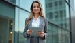 © Pete - Confident businesswoman with glasses holds tablet near modern office. She wears grey suit, looks pro, ready for business meeting or work. Female executive uses tech device outside company building.