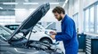 © BusTech - Hood is opened. Auto service specialist examining vehicle condition