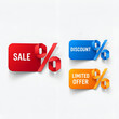 © Designer_11 - Set of colorful sale, discount, and limited offer banners with percentage signs.