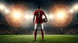 © homan - Rear view of a professional soccer player wearing a red jersey with the number seven, standing in a large stadium under bright floodlights while holding a ball.