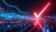 © Lubov - Glowing checkmark emerges from red and blue digital data streams. Symbolizes success, approval, and progress in modern tech business solutions. Represents choice and confirmed outcomes.