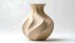© Nusaibah - A smooth, neutral-toned ceramic vase features a swirling, organic design. It stands alone against a white backdrop, emphasizing its form