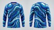 © Mai - A vibrant blue and green long-sleeve shirt with wavy pattern displayed from front and back.