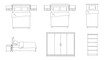 © Laskar Studio - A detailed illustration of a modern bedroom furniture set including a bed, wardrobe, and shelves in a minimalist style from multiple angles.