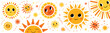 © Hanna Bykova - Cute sun banner with different shapes and rays. Funny smiling suns, summer theme . Vector illustration isolated on white background.