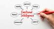 © Alisha - Emotional intelligence infographic highlighting feelings, empathy, and awareness. A hand maps out psychological elements including mindset, leadership, and communication for mental health
