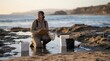 © photoplotnikov - Researcher collecting samples at rocky tidal pool on coastal shoreline