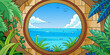 © BHER - Ocean View Through Circular Wooden Window With Tropical Plants And Blue Sky With Clouds