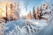 © vectorizer88 - Intricate Frost Patterns on Window Glass Framing a Winter Landscape Scene