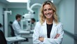 © Viktor - Smiling female eye doctor stands confidently in modern clinic. Two male colleagues work with eye exam machine in background. She wears white lab coat. Healthcare and vision care.