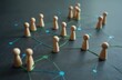 © Viktor - Wooden figures connect on abstract network graph. Represents teamwork, communication, business connections. Illustrates collaboration, corporate structures for team building, project planning.