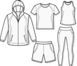 © Freelancer FATAMA - Activewear technical flat sketch collection, 5 piece sportswear apparel vector set, hooded jacket and t-shirt mockup, leggings and shorts template