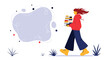 © Fatima - Colorful illustration of woman carrying books, red hair, casual outfit, educational concept, vector graphics