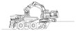 © Alicja - One line drawing of a heavy excavator loading rocks into a mining dump truck at a construction site