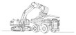 © Alicja - Heavy excavator machine loading rocks into a mining dump truck at a construction site one line drawing